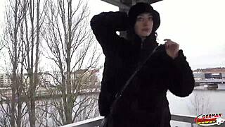 In the casting room, skinny goth Brisen gets roughly fucked, rims, squirts, and gags on huge cock.