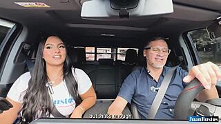 valen arias bares her curvy colombian pussy on juan bustos' public road interview