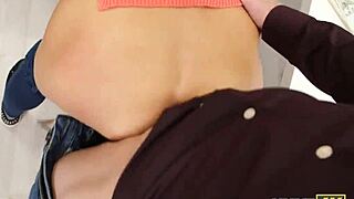 Shaved teen pussy slammed hard while boyfriend watches helplessly