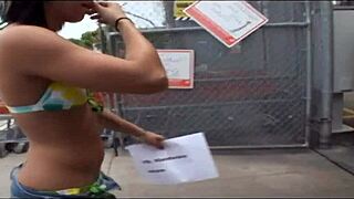 hey check this wild brunette tattooed babe flashing shaved pussy tits risky public comic style