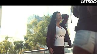 Passionate busty milf seduced into sensual lesbian licking by photographer