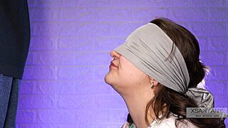 Blindfolded best friend tricked into tasting cum during naughty game close-up
