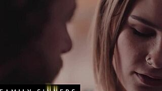 Hot blonde stepdaughter rides stepdad's cock to sloppy creampie finish.