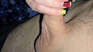 Dirty talking milf wife slowly jerks huge cock with small waist