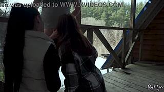 we sucked his huge cock together on vacation public threesome! mouthful cum swap blowjob outdoors
