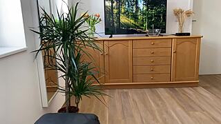 fat milf peels off pantyhose and pees into glass bowl on floor