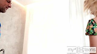 Curly blonde teen in glasses sucks cock then takes it in tight pink pussy