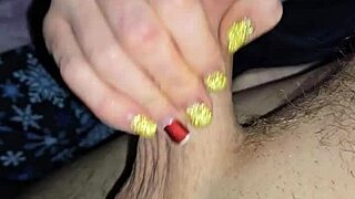 Dirty talking milf wife slowly jerks huge cock with small waist