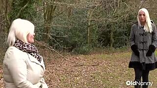 Blonde lesbian licks big tit milf pussy