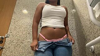 Wet pussy masturbation in shopping mall bathroom frenzy