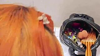 pretty redhead wet tits cum-covered after public pov blowjob