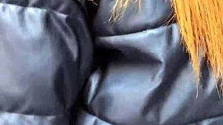 pretty redhead wet tits cum-covered after public pov blowjob