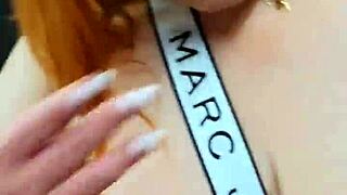 pretty redhead wet tits cum-covered after public pov blowjob