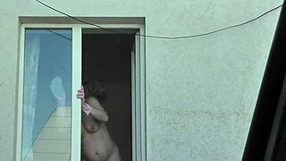Mature Neighbor Milf Washes Windows Nude Outdoors As Taxi Peeps Her Big Tits Pussy