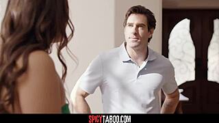 Brunette babe tempts repairman with natural tits