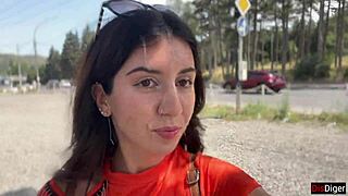 crazy brunette gives wild bush blowjob ending in huge public facial