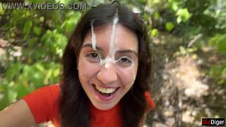 crazy brunette gives wild bush blowjob ending in huge public facial