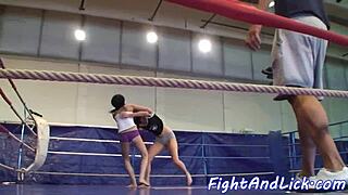 skinny lesbians dominate in intense boxing ring wrestling