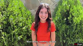 crazy brunette gives wild bush blowjob ending in huge public facial