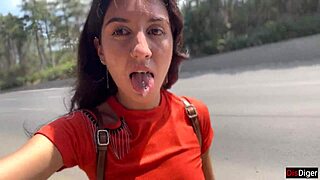 crazy brunette gives wild bush blowjob ending in huge public facial