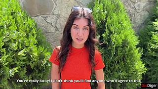 crazy brunette gives wild bush blowjob ending in huge public facial