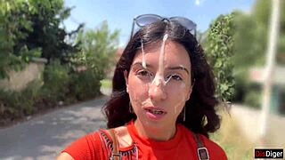 crazy brunette gives wild bush blowjob ending in huge public facial