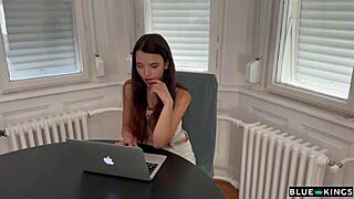 Pretty teen student rides rough quickie pussy pounding from roommates' big cocks