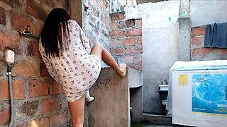 hey neighbor's nightgown slips open flashing pink pussy