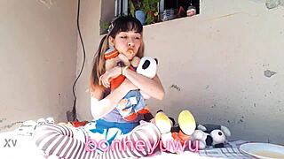 pretty petite teen bonneyuwu plays with plushies in pantyhose before squirting milk fetish fun
