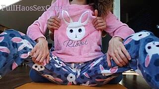 exploding over skinny asian's tiny tits and fingering her wet slit!