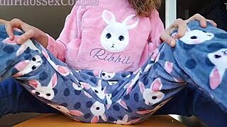 exploding over skinny asian's tiny tits and fingering her wet slit!