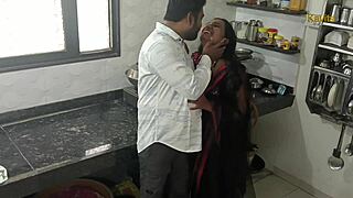 Desi Indian Kavita's saggy tits bounce during small cock kitchen missionary pounding