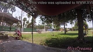 Real public flash naked groping stranger's big cock in park as watchers stare hungrily