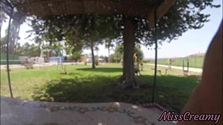 Real public flash naked groping stranger's big cock in park as watchers stare hungrily