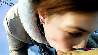 Russian Brunette Delivers Deepthroat Outdoor Blowjob Swallowing Cum Passionately