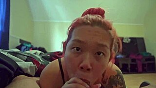 sexy asian slut kneels for early morning sloppy blowjob swallowing hot cum load