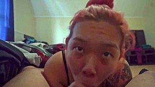 sexy asian slut kneels for early morning sloppy blowjob swallowing hot cum load