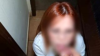 redhead teen skirt flashes public pov blowjob in school library