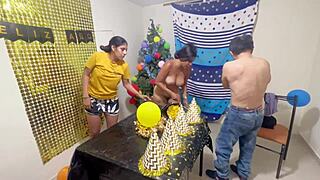 Friends dive into steamy homemade threesome action together