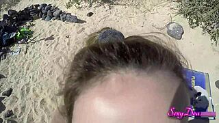 sexy tanned babe strips bares feet for wet pussy pov doggystyle pounding on naughty beach sand