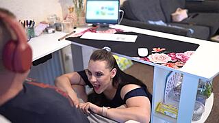 naughty secretary gulps boss cum during zoom blowjob