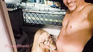 Street watches whore fuck on public balcony