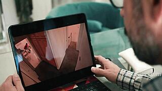 Naughty white girl Destiny tempts caught voyeur into bent-over interracial fantasy!