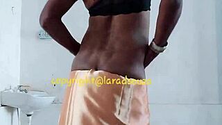 Lara DSouza's Orange Satin Saree BDSM Crossdressing Seduction