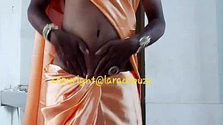 Lara DSouza's Orange Satin Saree BDSM Crossdressing Seduction
