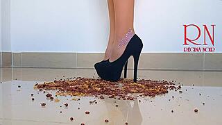 Curvy brunette maid submissive in heels boots ass gaping floor