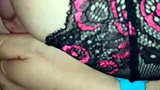 Horny babe tittyfucks huge natural tits in sexy lingerie homemade