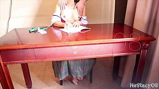 petite filipina teen bent over desk takes big cock pounding while studying