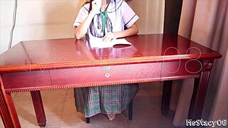 petite filipina teen bent over desk takes big cock pounding while studying