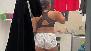 neighbor washes clothes for quick yoga fuck